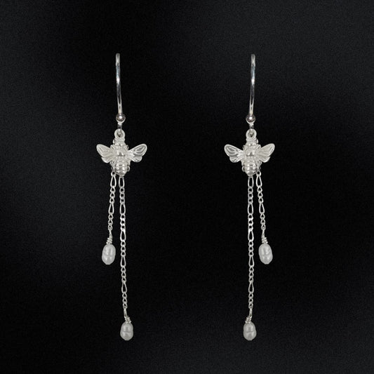 Freshwater Pearls & Silver Bee Chain Earrings
