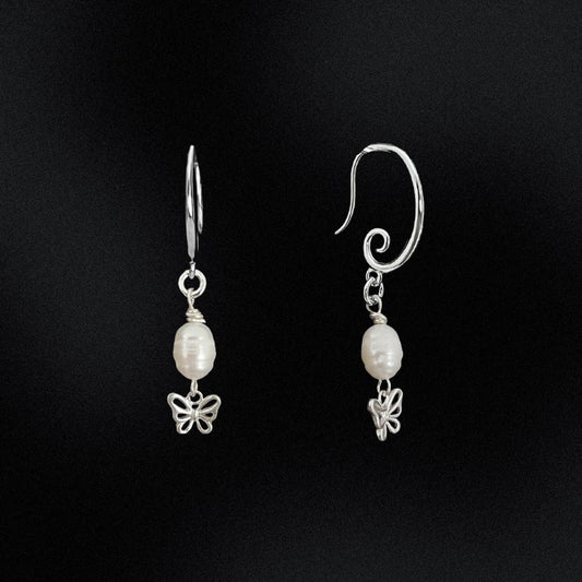 Freshwater Pearl & Butterfly Swirl Hook Earrings