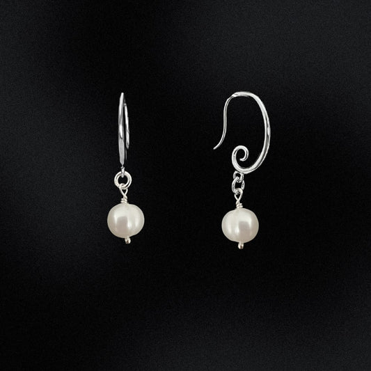 Freshwater Pearl Silver Swirl Hook Earrings